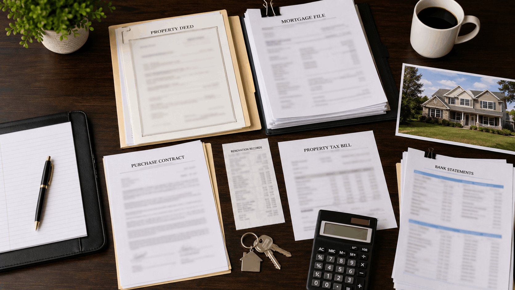 Overhead flat-lay of real estate and financial documents used to review ownership of a marital home, including a property deed, mortgage file, purchase contract, renovation receipts, tax bill, bank records, house keys, calculator, and house photo on a dark wood table.