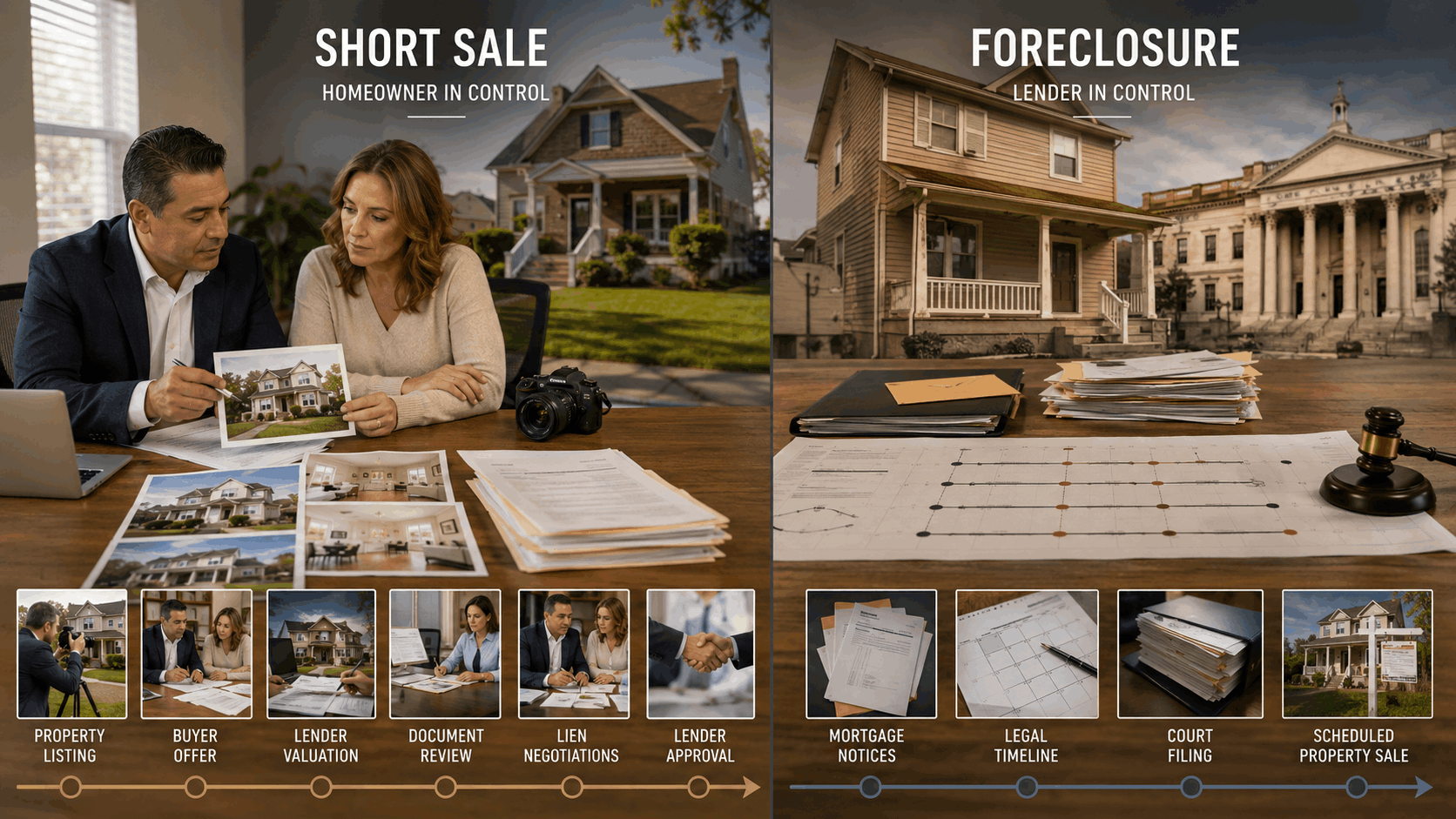 Split-screen comparison of a New Jersey short sale with homeowner control versus a lender-controlled foreclosure process.