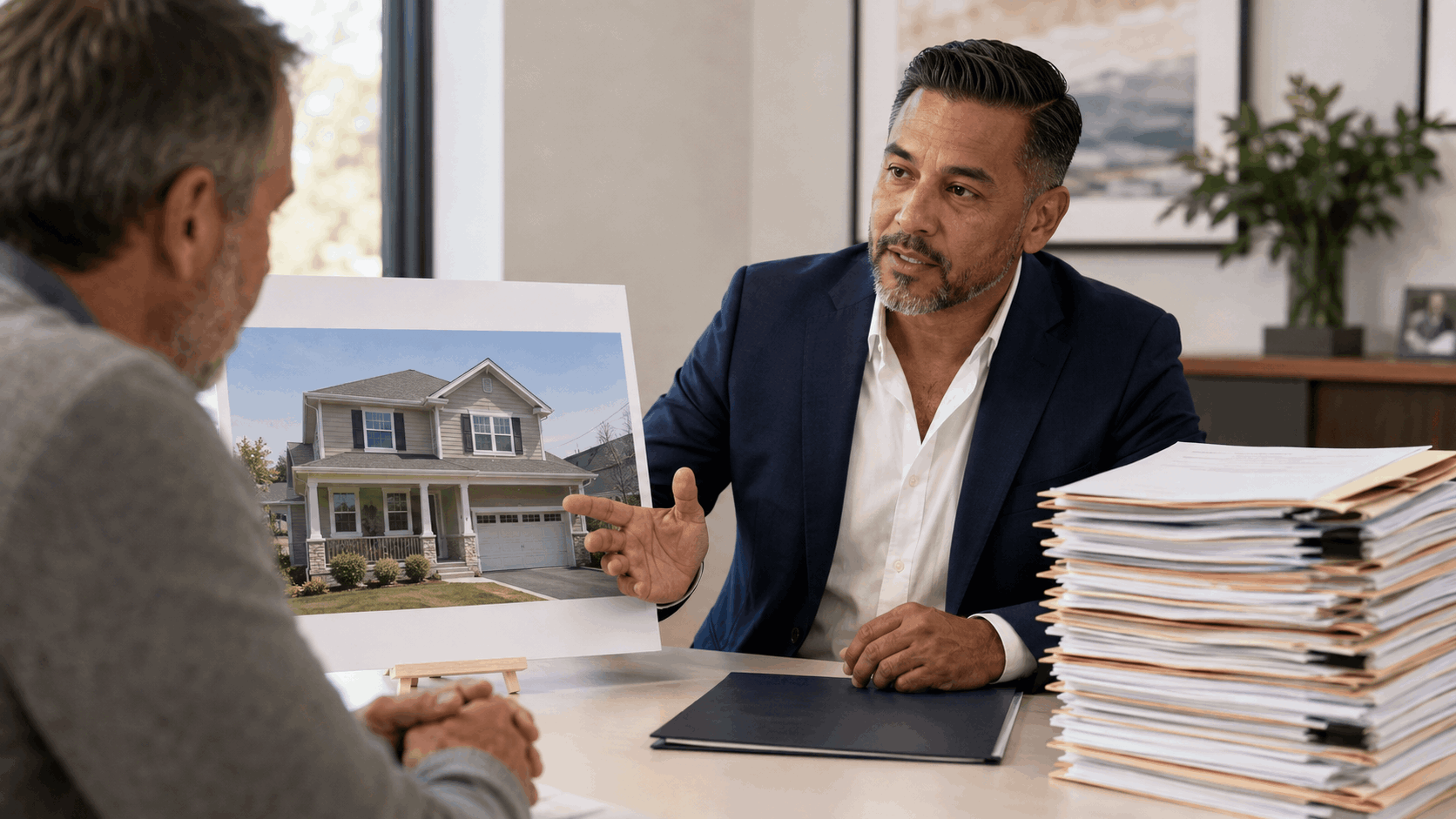 Johnny Rodriguez explains a North Jersey homeowner’s mortgage and lien gap using a property photo and stacked financial documents.