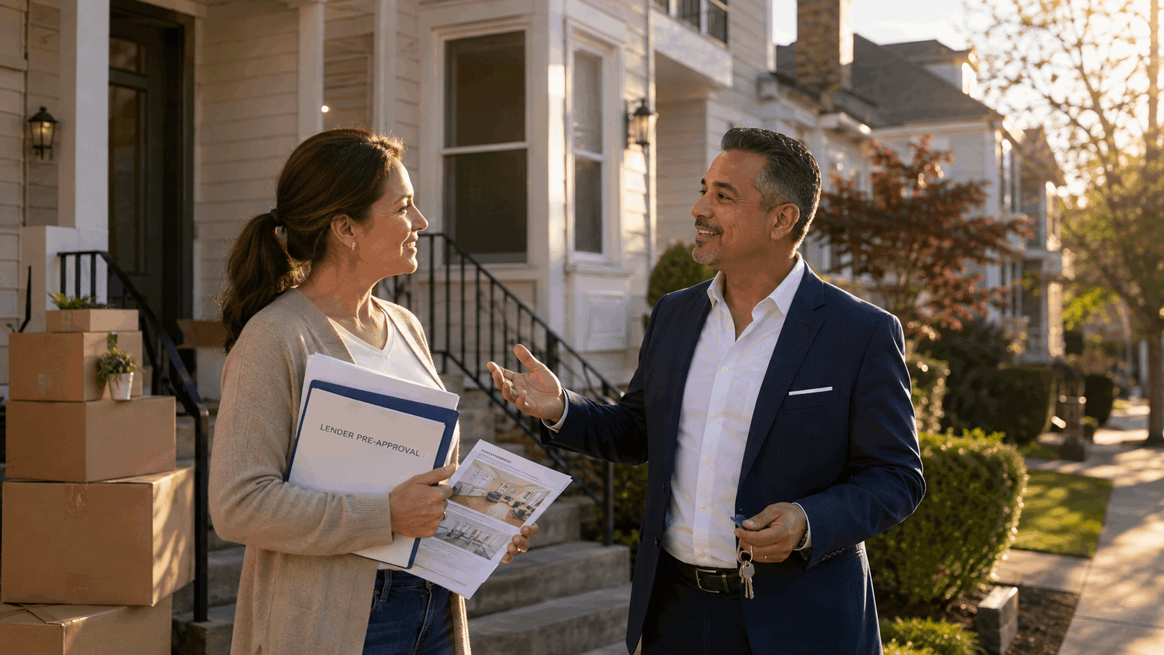 Homeowner tours a smaller North Jersey home with Johnny Rodriguez after a marital home sale, holding preapproval papers and property details as moving boxes and new keys signal a fresh start.