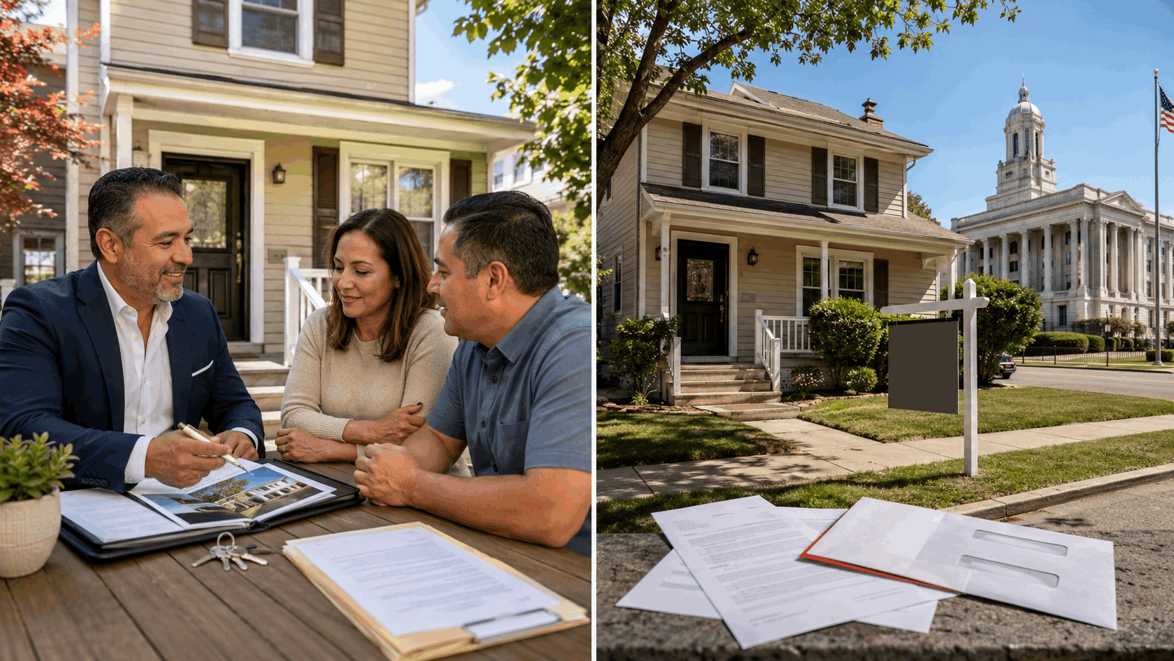 Johnny Rodriguez explains a New Jersey short sale to homeowners beside a split scene showing foreclosure notices and a courthouse.