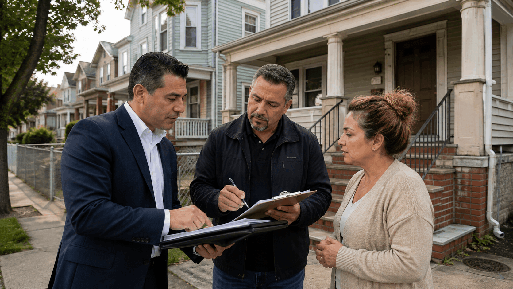 Johnny Rodriguez reviews open permits and property concerns with a municipal inspector and homeowner outside a Passaic County two-family home.