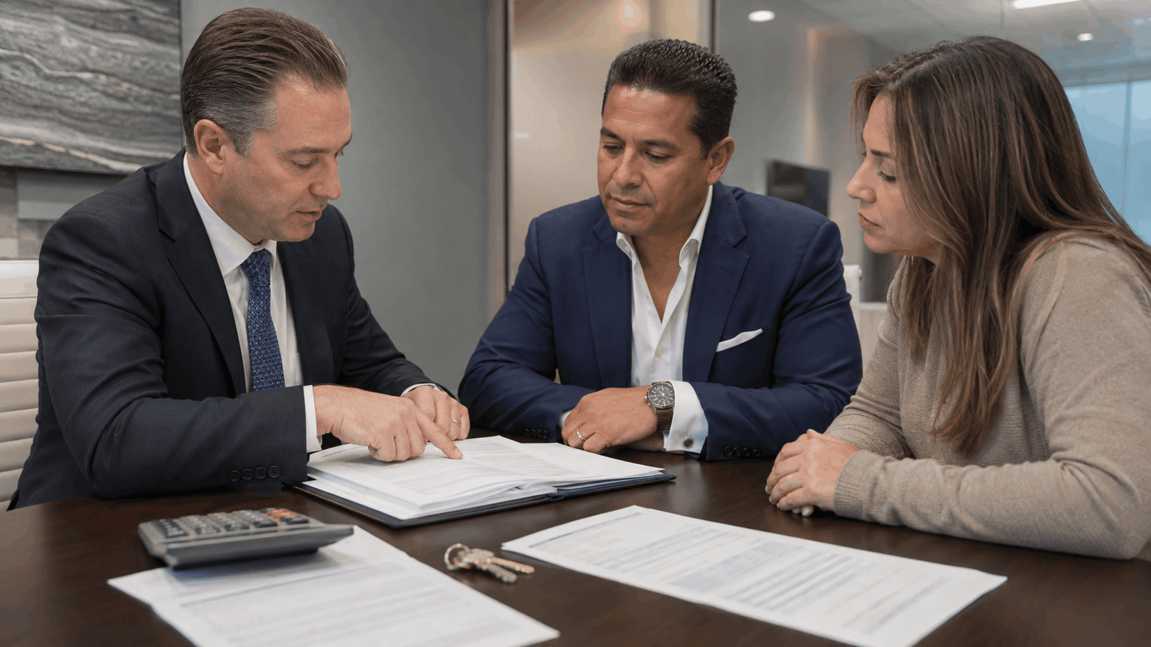 Attorney reviews a New Jersey short sale approval package with Johnny Rodriguez and a homeowner, including payoff documents, calculator, and house keys.