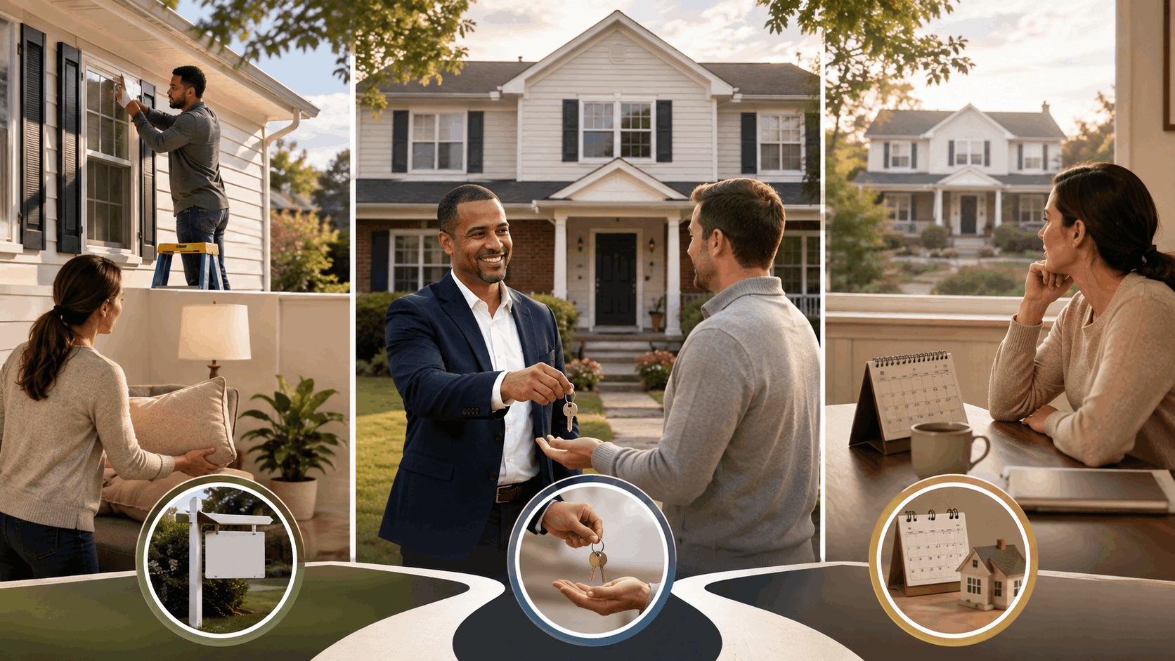 Three visual options for a New Jersey marital home during divorce selling the property, completing a spouse buyout, or keeping temporary joint ownership.