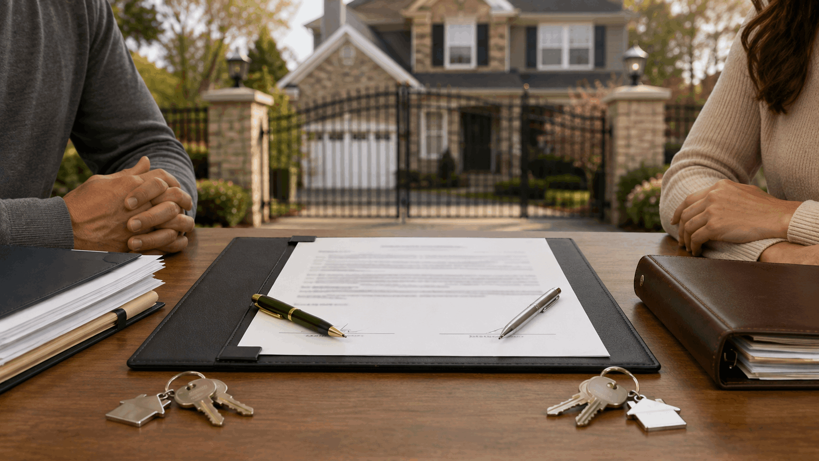 Unsigned real estate agreement with separate keys and a gated North Jersey home, representing a stalled house sale during divorce.