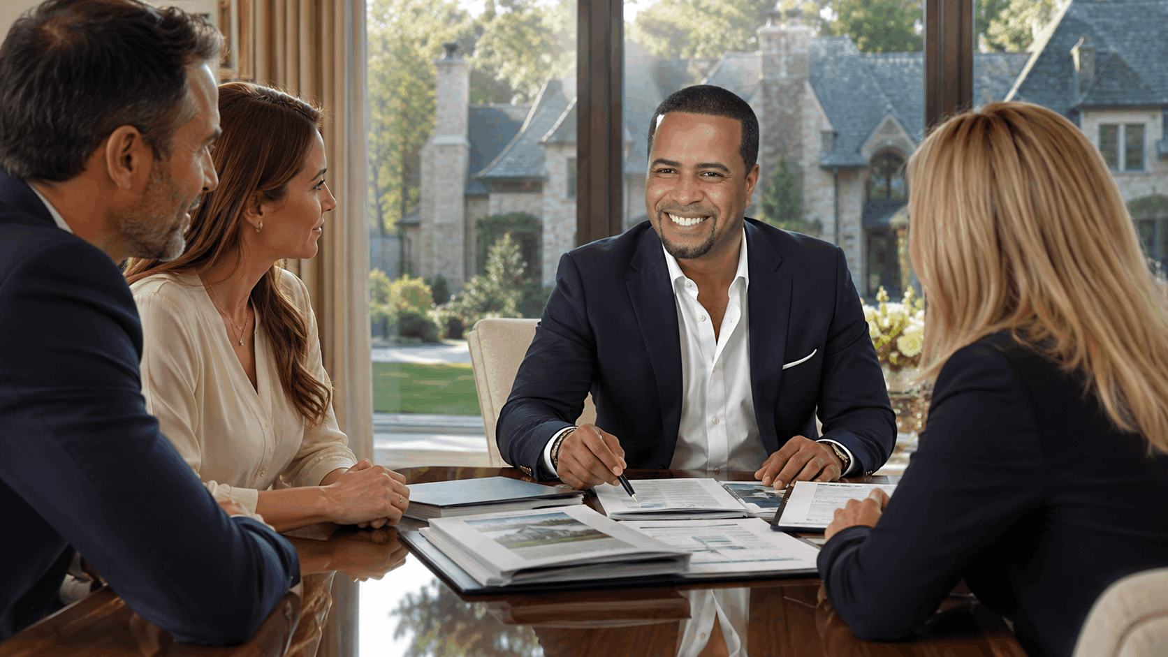 Johnny Rodriguez reviews a competitive Franklin Lakes luxury home offer with buyers and a mortgage professional.