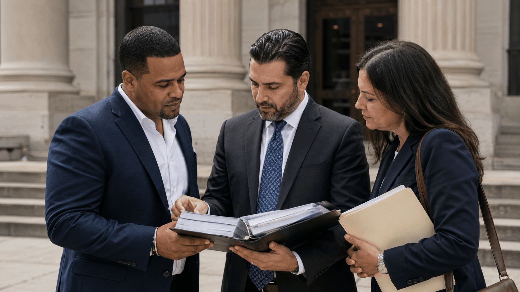 North Jersey landlord, attorney, and real estate professional reviewing an evidence binder outside a courthouse before a tenant hearing.