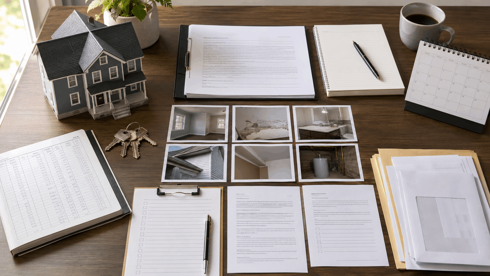 Overhead view of a North Jersey landlord evidence file with lease papers, rent ledger, repair photos, inspection notes, written notices, keys, a calendar, and a two-family home model arranged neatly on a wooden table.