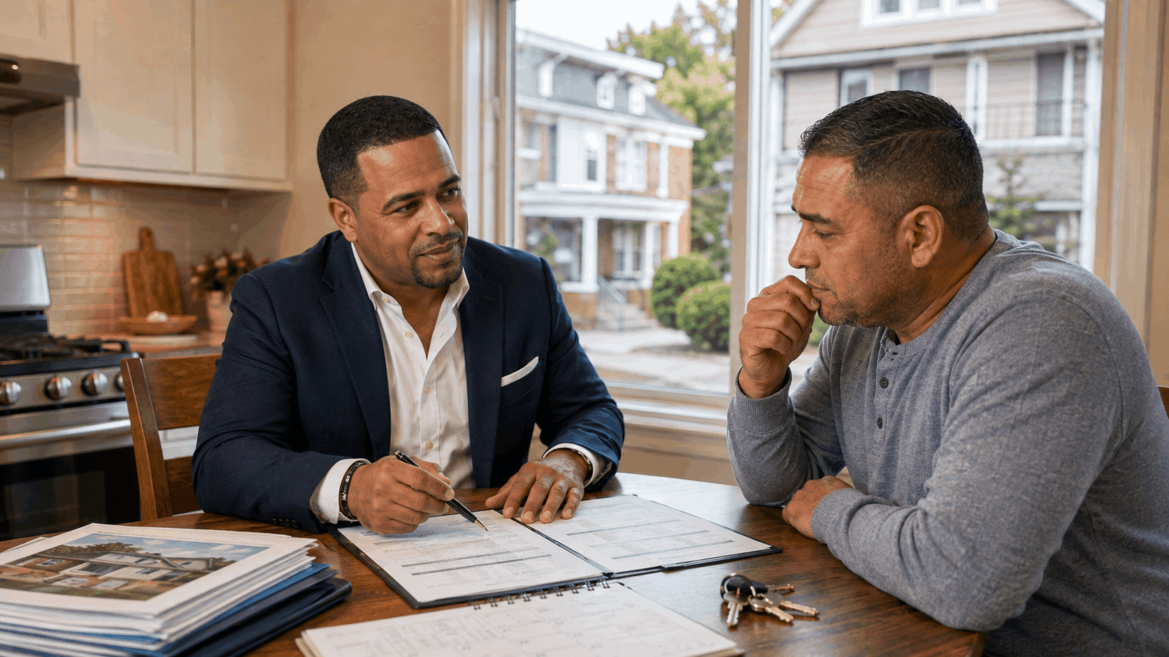 Johnny Rodriguez advising a concerned North Jersey landlord at a kitchen table while reviewing a lease, payment history, property value, and rental sale timeline.