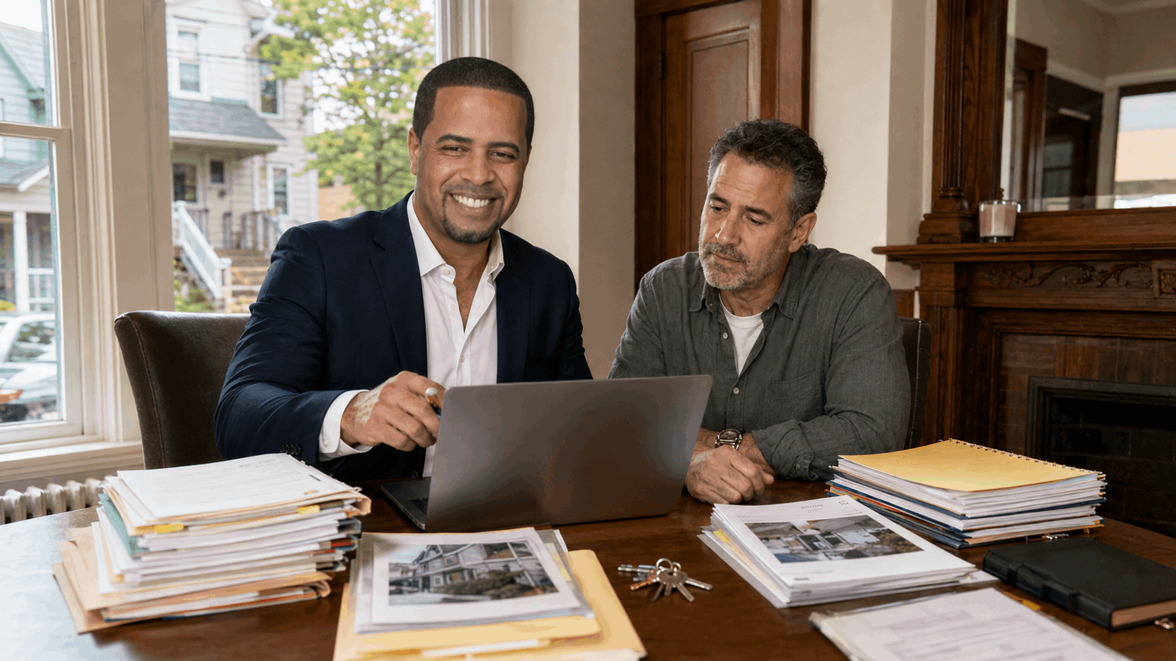 Johnny Rodriguez helping a North Jersey landlord organize tenant records, lease documents, payment history, property photos, keys, and sale information on a laptop inside a two-family home.
