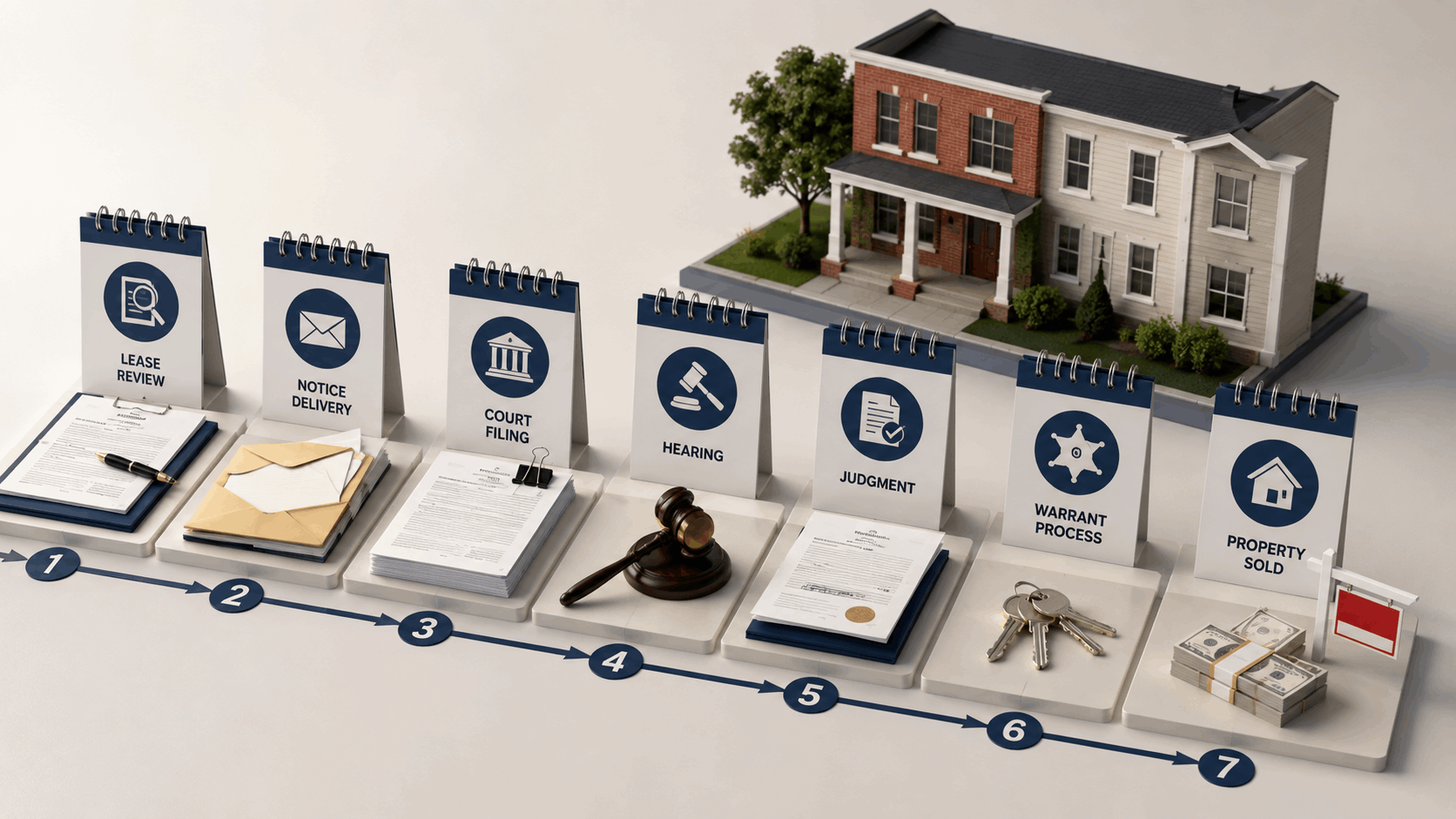 New Jersey landlord eviction timeline showing lease review, notice delivery, court filing, hearing, judgment, warrant process, and property sale beside a multifamily home.