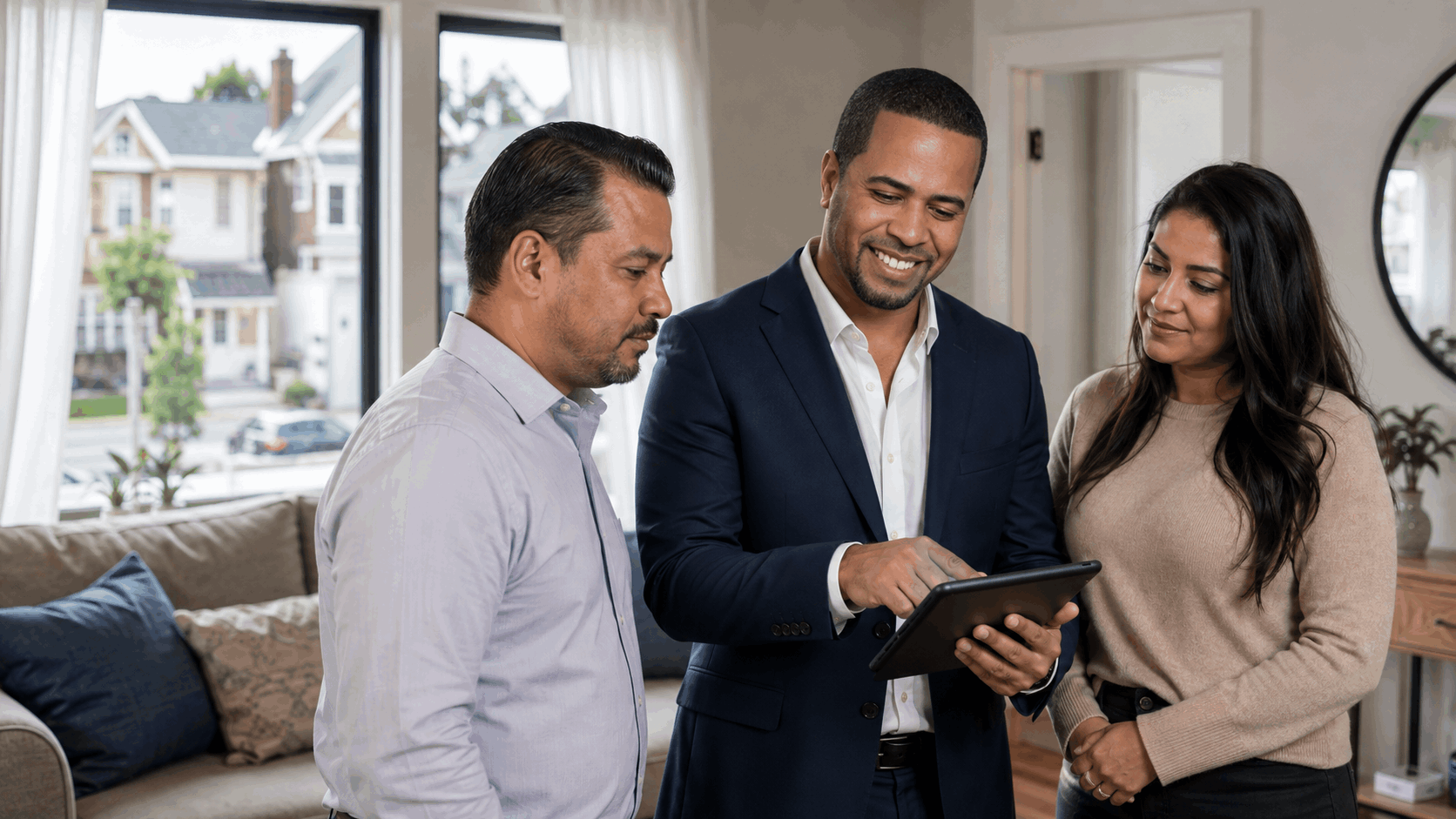 Johnny Rodriguez showing a North Jersey investor and landlord a well-maintained tenant-occupied two-family property while reviewing lease and rent details on a tablet.