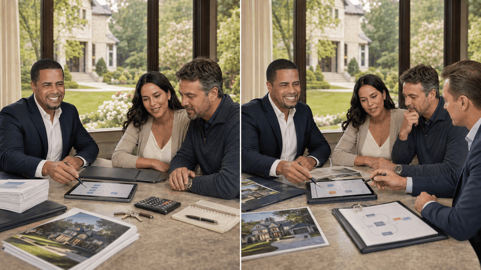 Split-screen scene of Johnny Rodriguez, a mortgage professional, and homebuyers comparing two financing options for a Franklin Lakes luxury home in an elegant office.