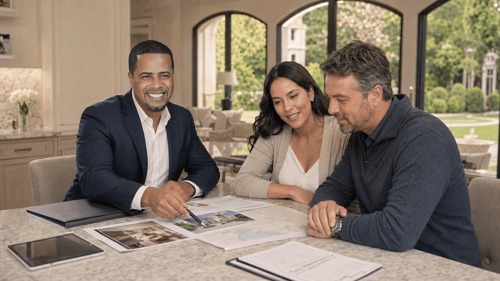 Johnny Rodriguez reviews luxury home financing options with buyers inside a Franklin Lakes, NJ estate.