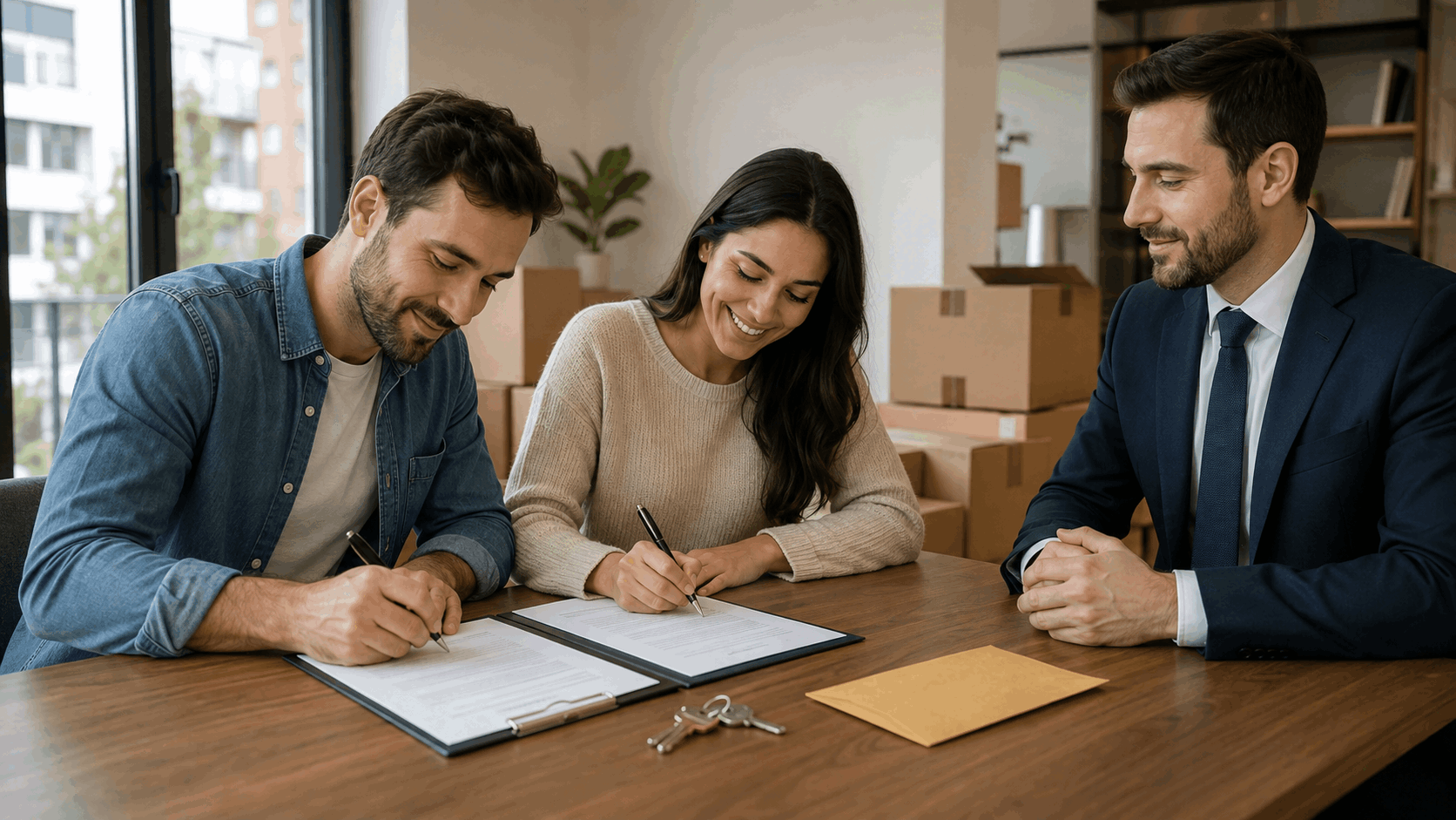 Landlord and tenant signing a voluntary move-out agreement with an attorney present, moving boxes in the background, and keys and a payment envelope on the table.