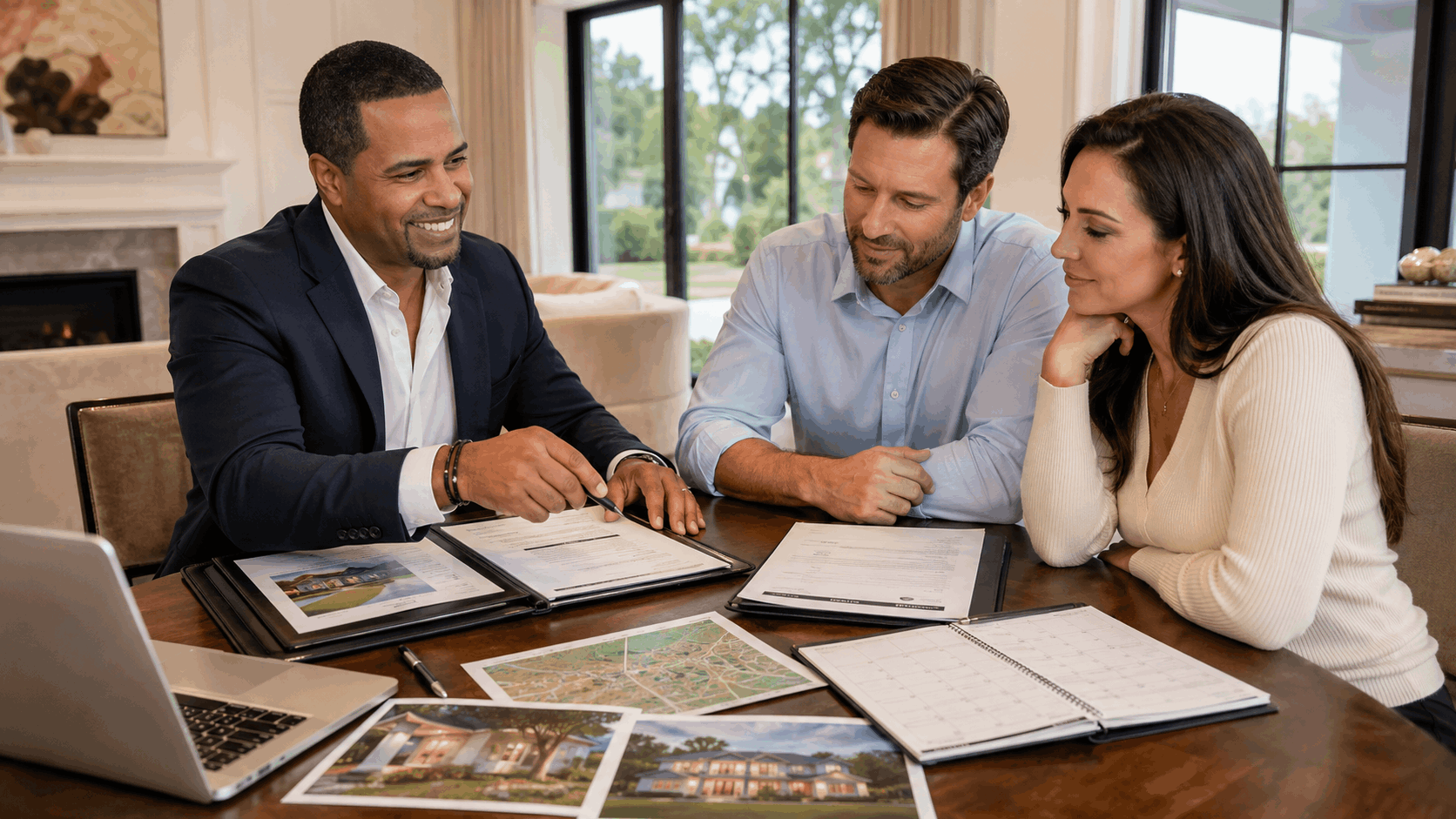Johnny Rodriguez reviews a luxury homebuying preparation checklist with move-up buyers before touring Franklin Lakes, NJ properties.
