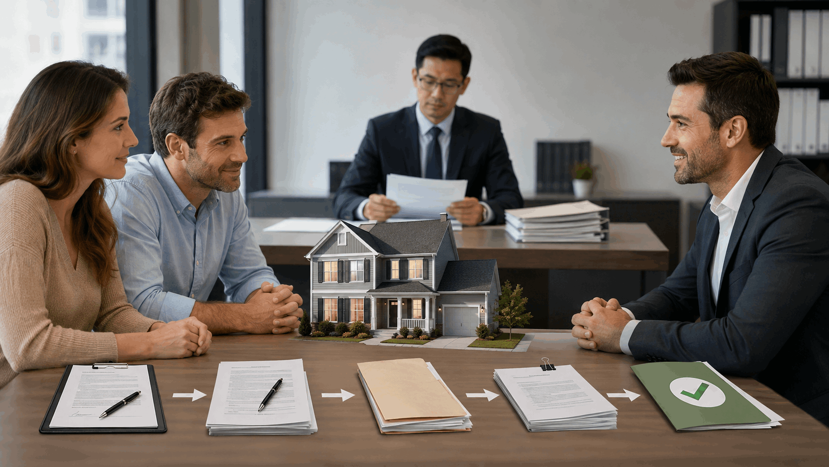 New Jersey short sale process showing a homeowner, buyer, property, and mortgage lender reviewing documents from seller acceptance to lender approval.