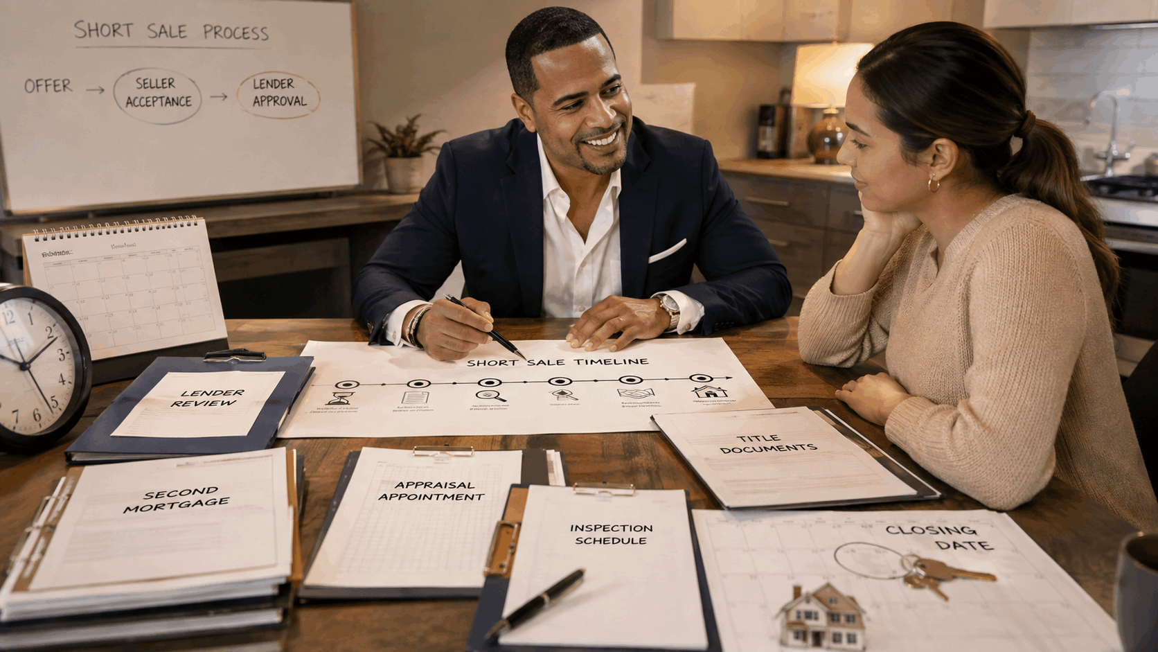 North Jersey real estate agent explaining the short sale timeline, lender review, appraisal, inspection, title documents, and closing process to a buyer.