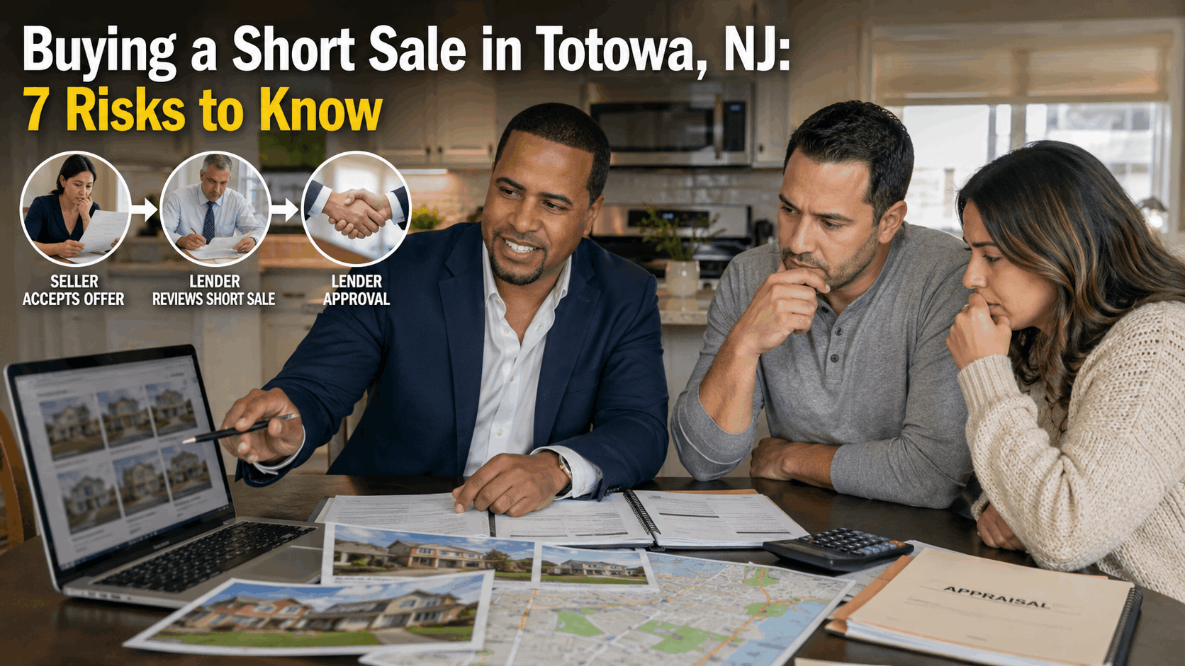 [IMAGE PROMPT Johnny Rodriguez and a buyer analyzing recent Totowa comparable home sales while a lender valuation is shown as a separate review step, laptop displaying blurred property comparisons, printed home photos, calculator, appraisal folder, and neighborhood map on the table, buyer realizing the listing price may differ from lender-approved value, professional natural lighting, cinematic photorealistic real estate consultation scene, no readable financial figures, no logos, no watermark, --ar 169]