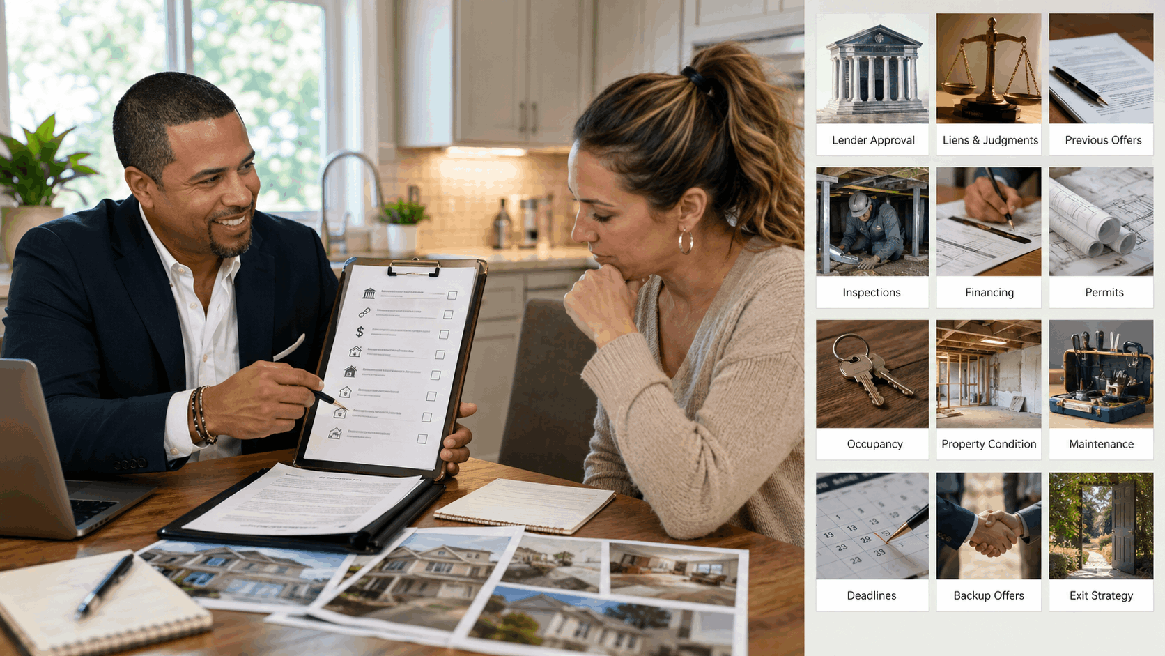 Johnny Rodriguez reviewing a Totowa short sale checklist with a homebuyer, covering lender approval, liens, inspections, financing, permits, deadlines, and backup plans.