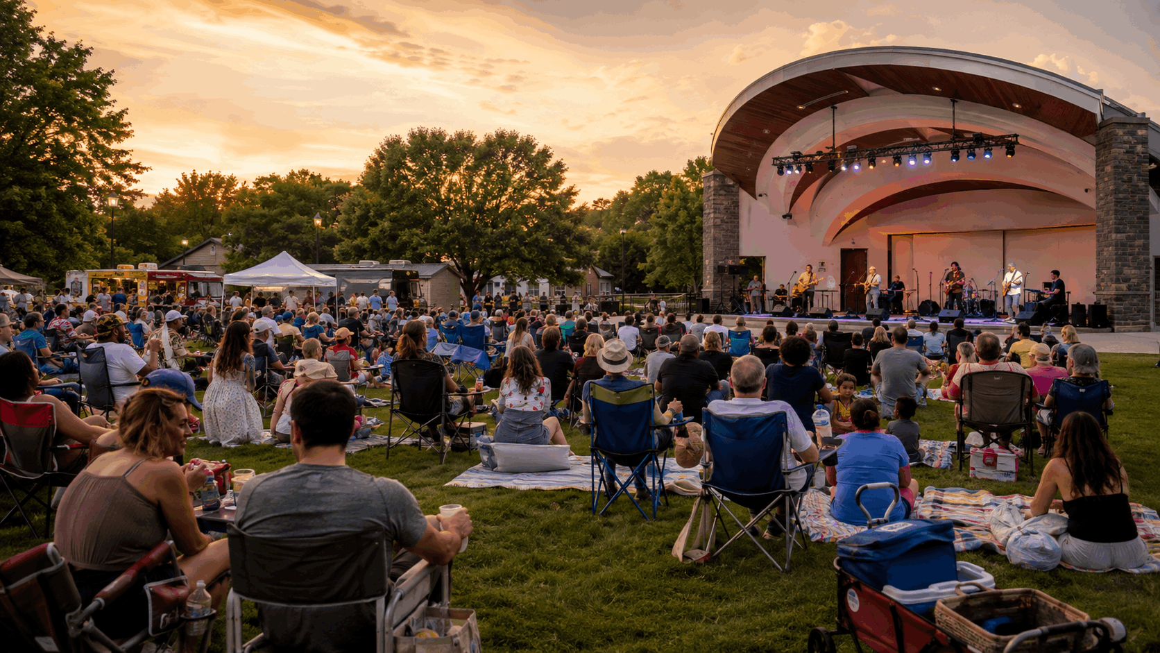 Busterstock community concert at the Paramus Library Bandshell, with North Jersey families enjoying live music, food trucks, and a summer sunset.