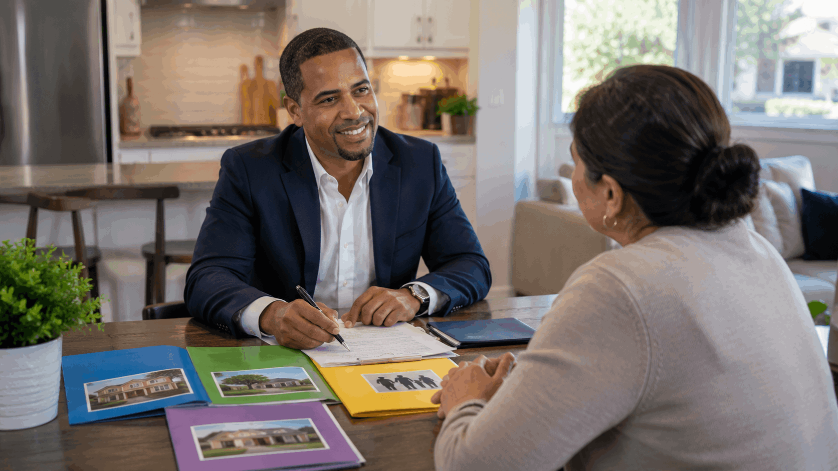 Johnny Rodriguez meeting privately with a North Jersey homeowner at a kitchen table to review home value, inherited property, relocation, and mortgage options.