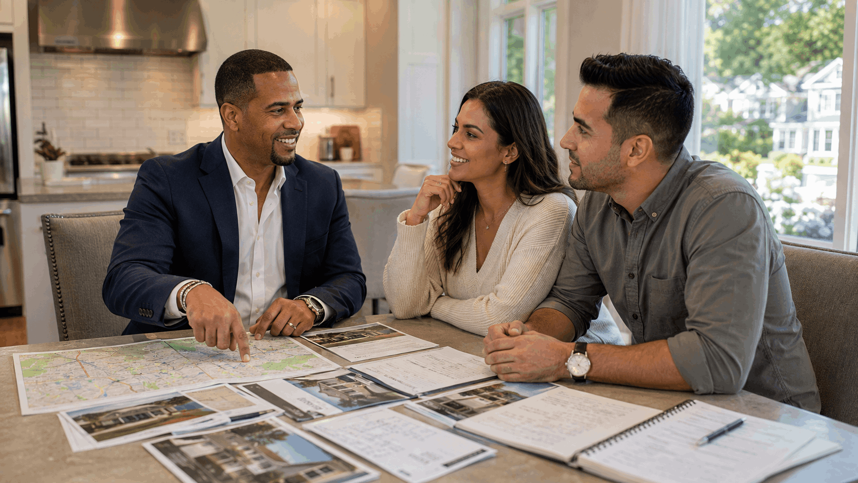 Johnny Rodriguez advising a homebuyer couple at a kitchen table while reviewing Bergen County property maps, inspection details, taxes, commute notes, and home listings.