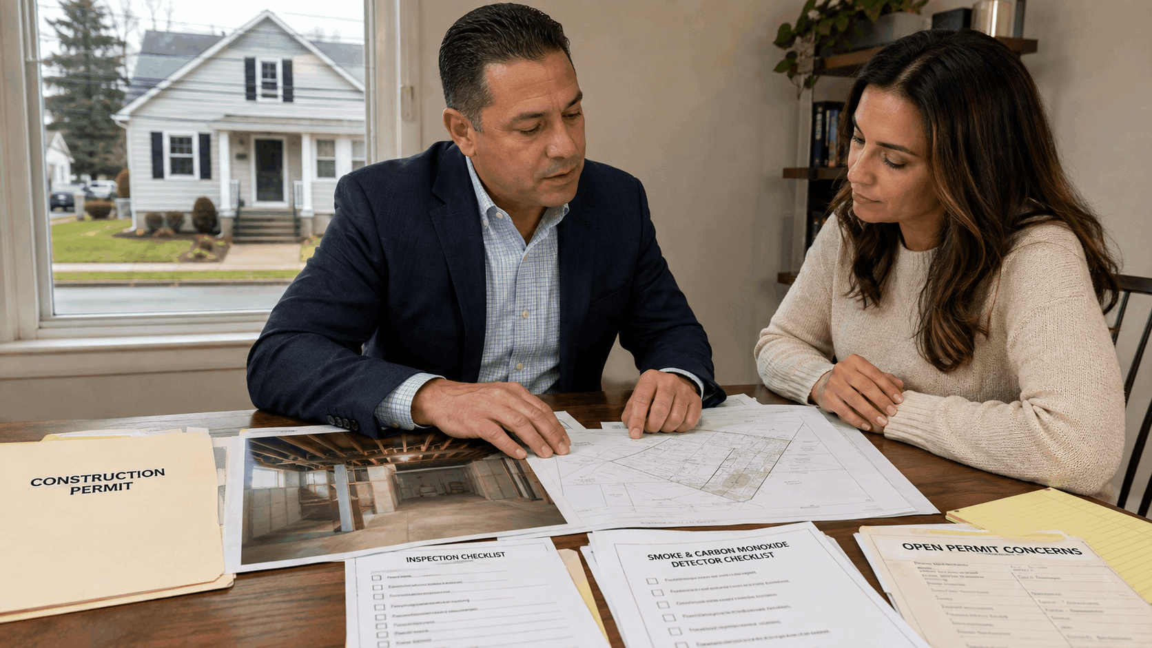 Johnny Rodriguez reviewing construction permits, inspection checklists, and open permit concerns with a Totowa, NJ homebuyer.