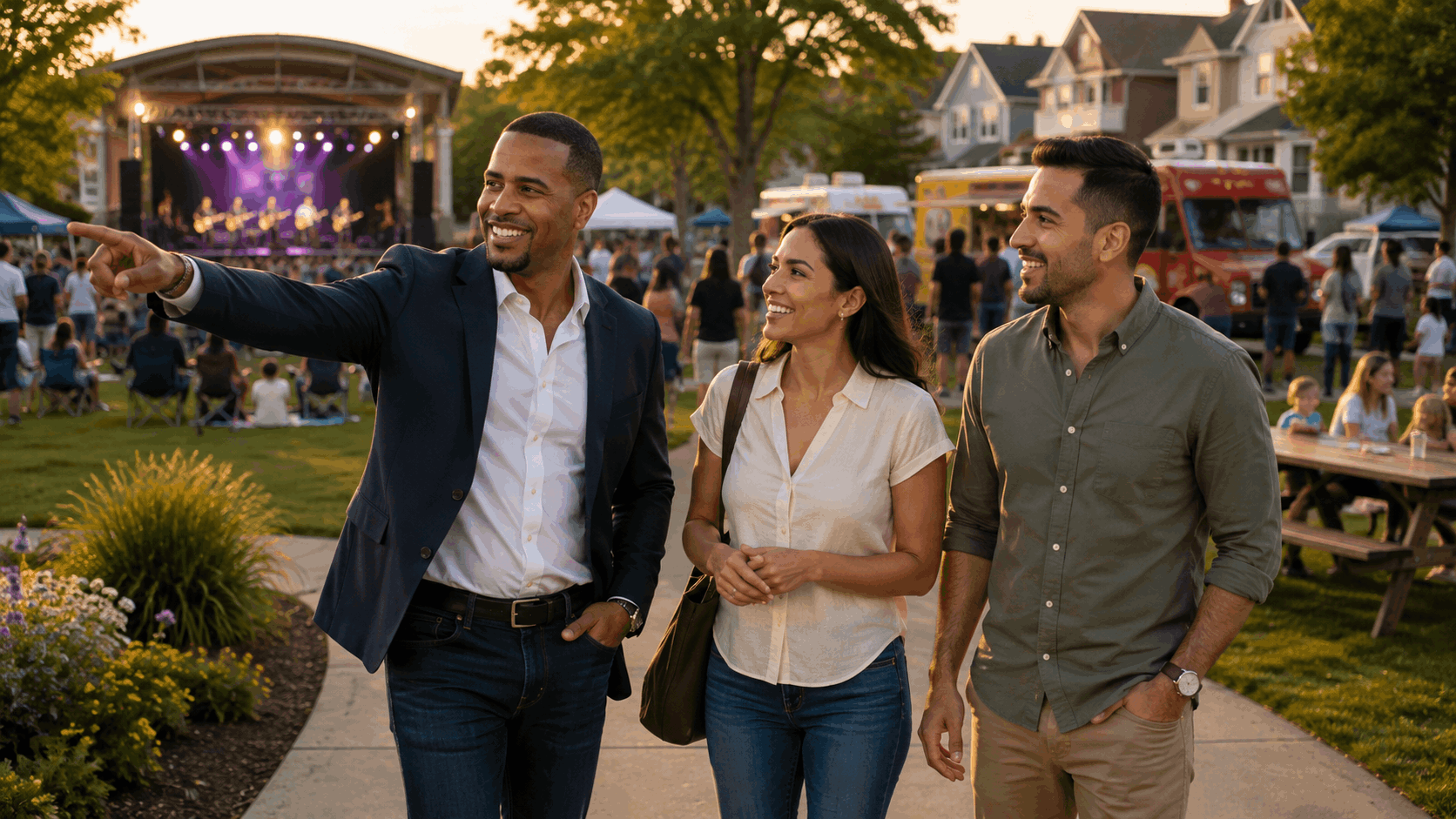 Johnny Rodriguez showing a homebuyer couple around a North Jersey community event near the Busterstock concert in Paramus.