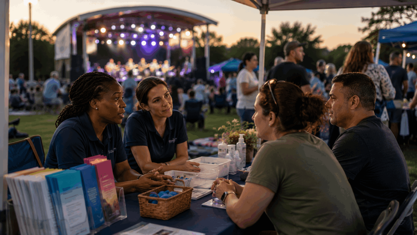 Recovery support specialists speaking with North Jersey families at a Busterstock 2026 community resource table during the free Paramus outdoor concert.
