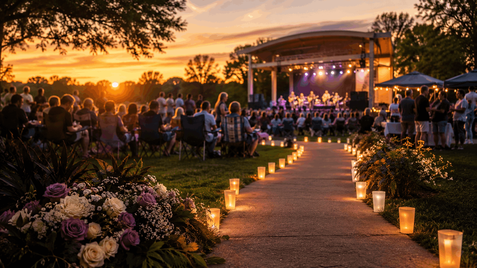 Candlelit pathway leading to the Busterstock 2026 outdoor concert in Paramus, with families, recovery advocates, flowers, and a glowing stage at sunset.