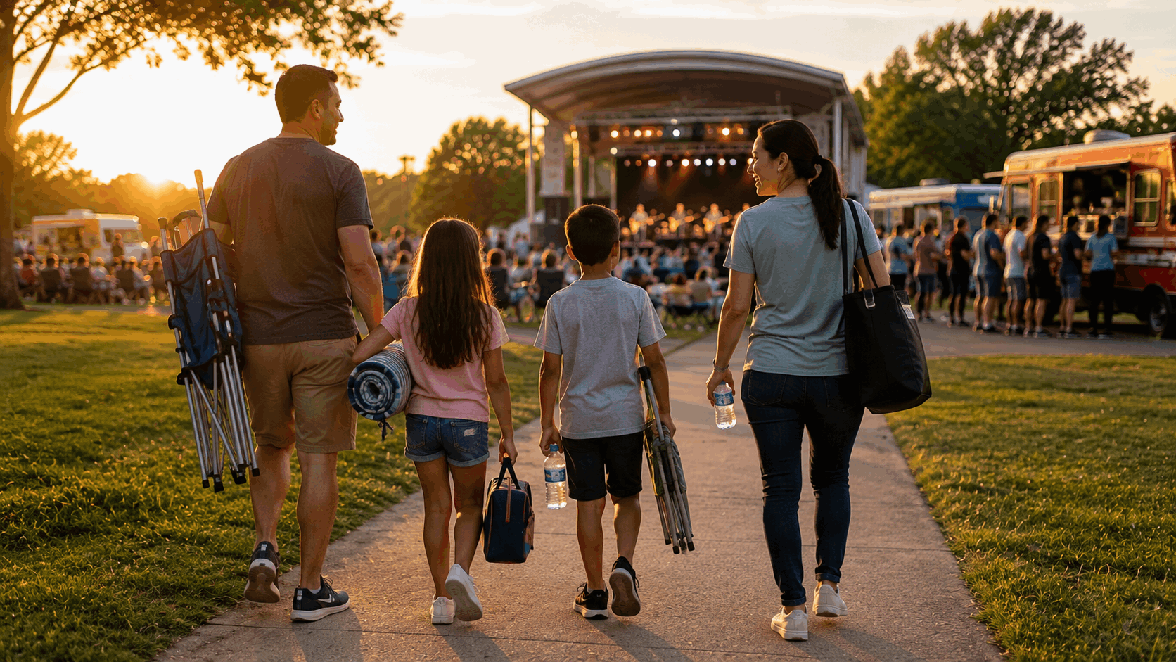 Family carrying folding chairs and a picnic blanket toward the Busterstock 2026 outdoor concert at the Paramus Library Bandshell.