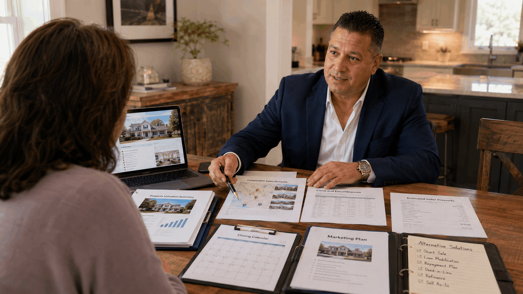 Johnny Rodriguez guides a North Jersey homeowner through property valuation, comparable sales, lien documents, estimated proceeds, marketing strategy, and the closing timeline.