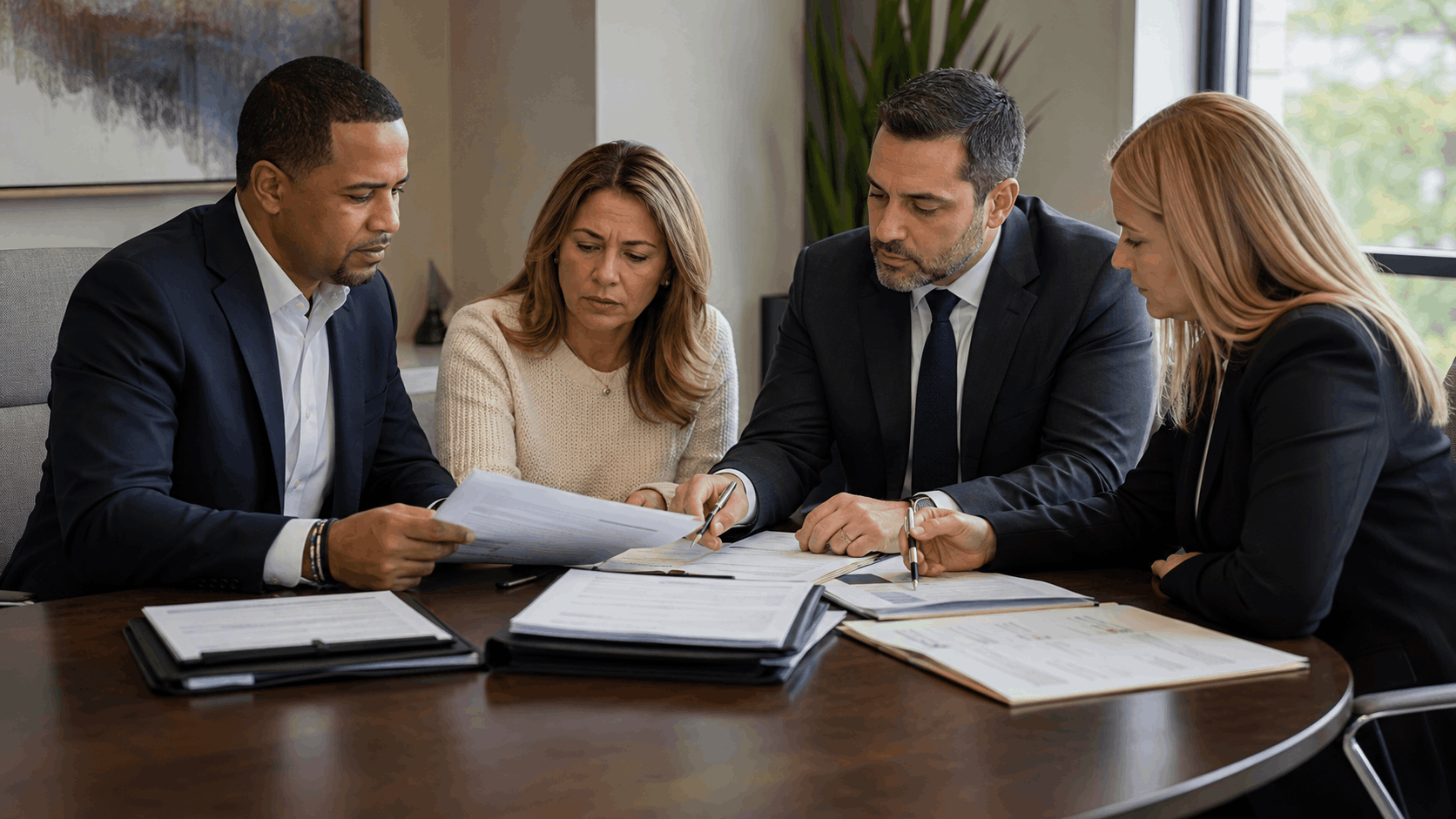 New Jersey homeowner meeting with a real estate agent, attorney, and title professional to review a property lien, title search, payoff request, deed, and closing timeline.