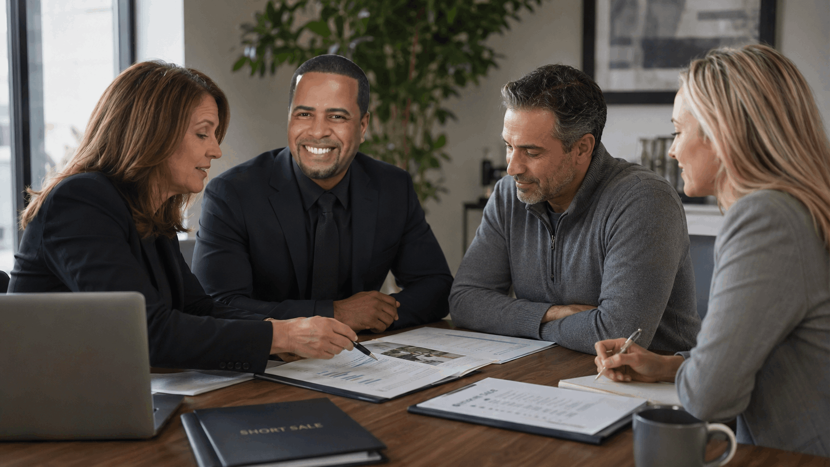North Jersey homeowner meets with Johnny Rodriguez, a real estate attorney, and a mortgage professional to review a short sale and options for resolving mortgage and lien debt.