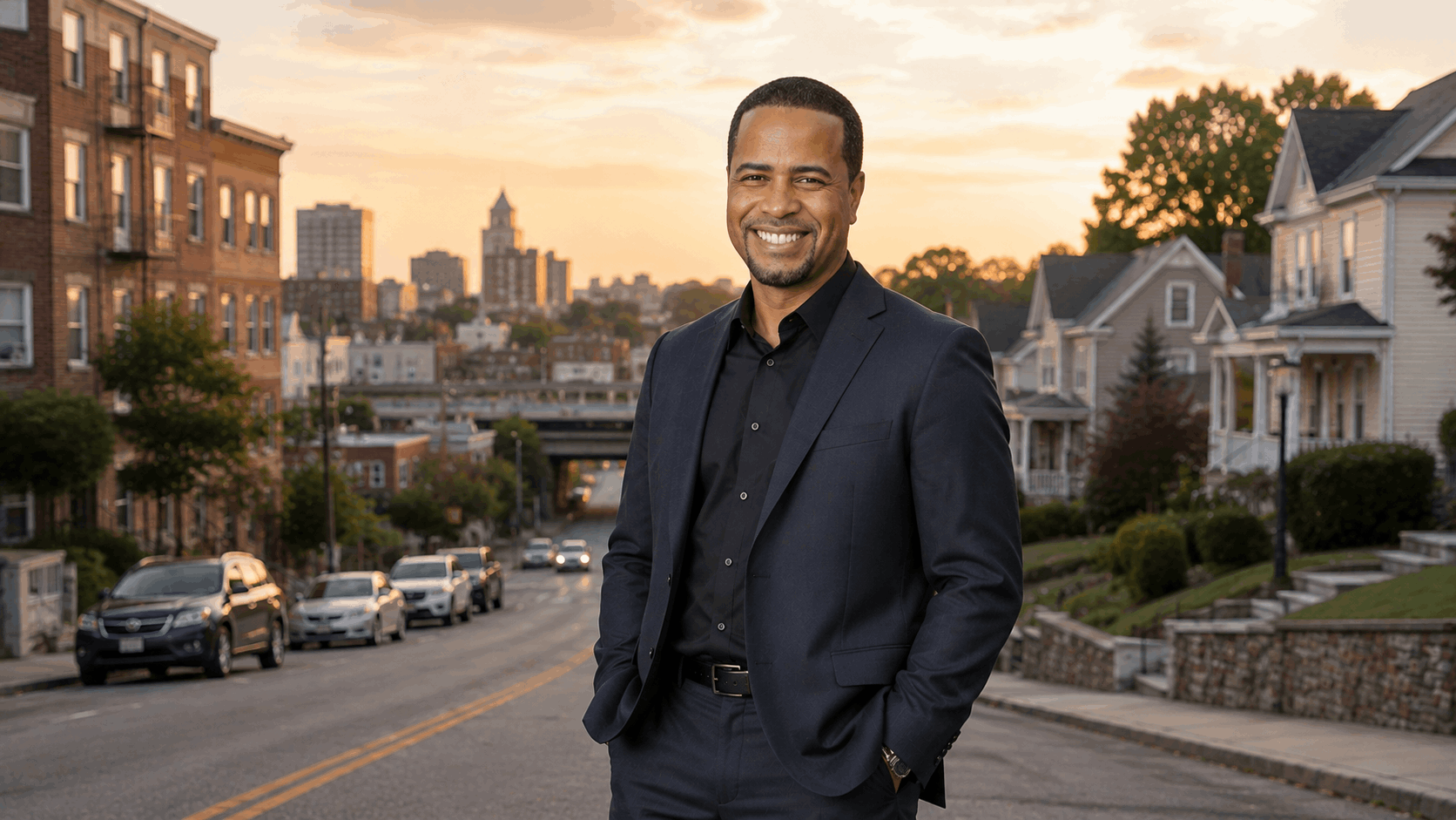 Confident North Jersey real estate agent standing on a residential street at golden hour with urban and suburban homes in the background.
