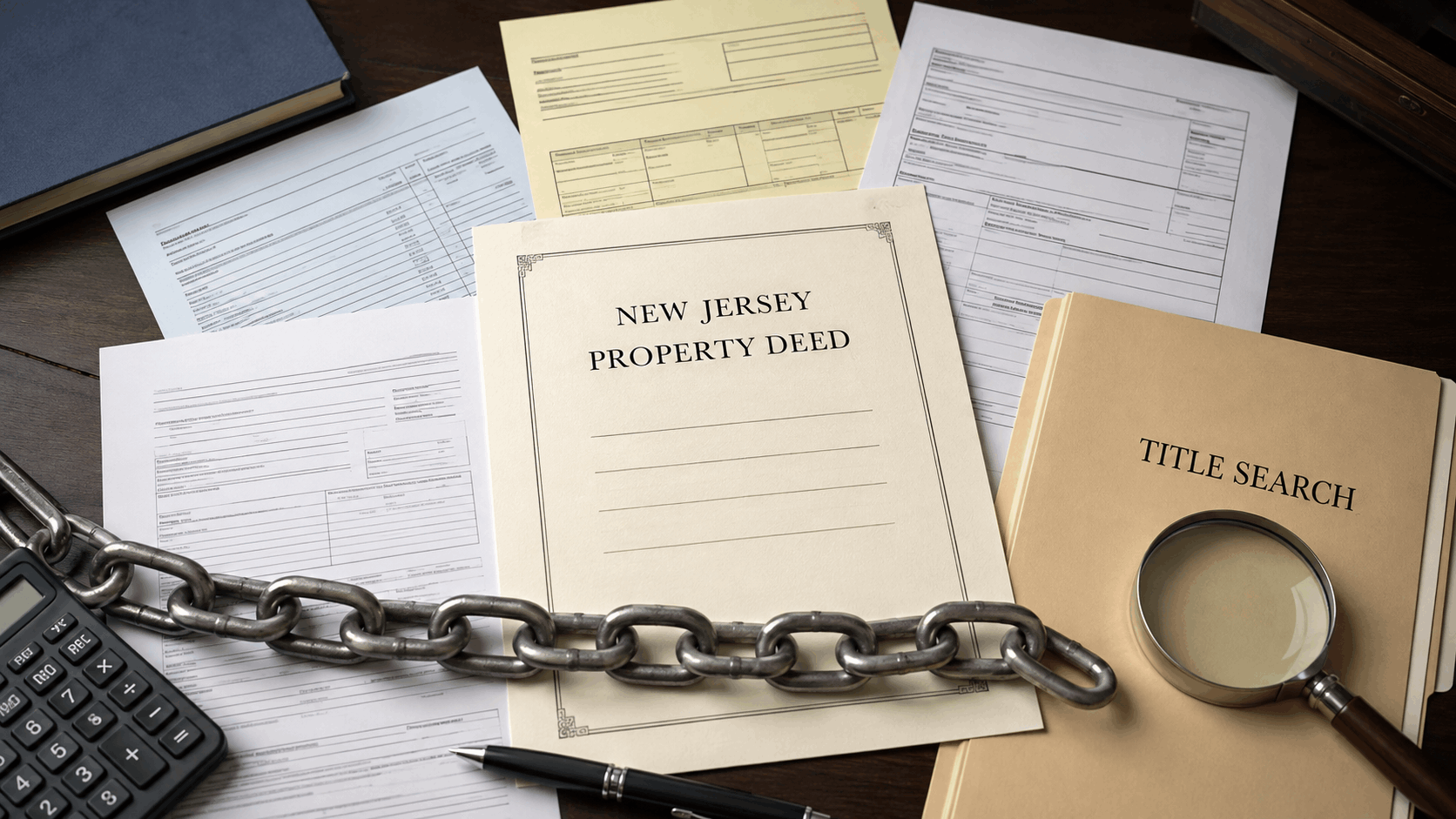 New Jersey property deed, title search documents, tax notices, and mortgage paperwork secured by a metal chain representing a property lien.