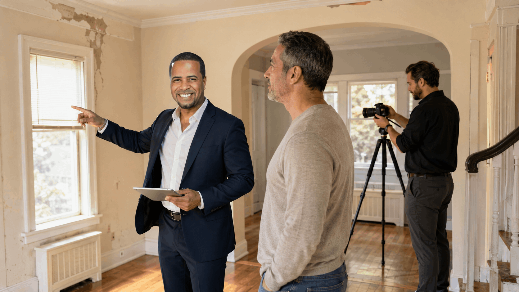 Johnny Rodriguez tours an older North Jersey home with the homeowner and photographer while reviewing repairs and planning an as-is sale.