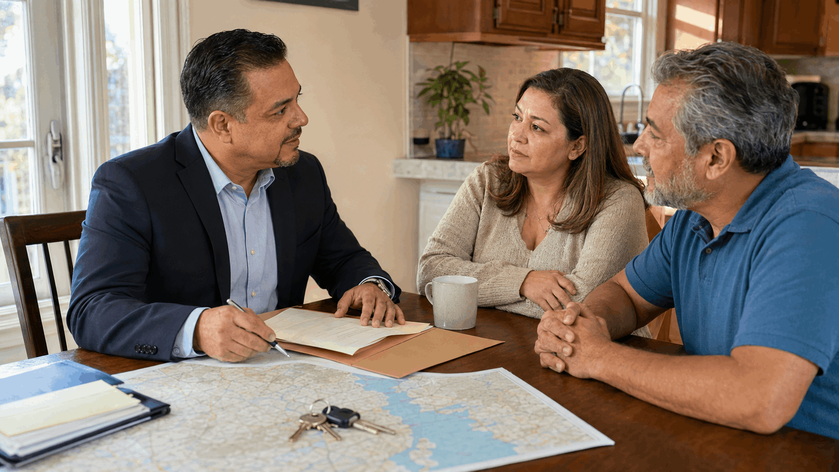 Latino North Jersey real estate professional meeting with a family at a kitchen table to review probate documents, house keys, and local market map