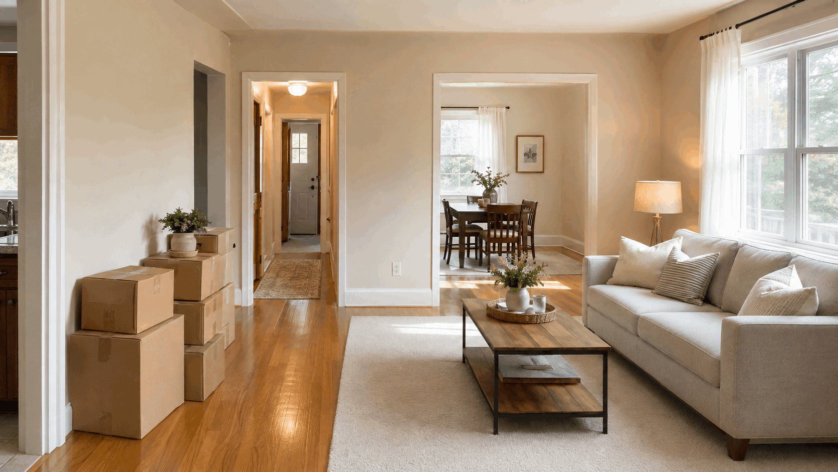 Inherited North Jersey home interior cleaned and lightly staged for sale with open curtains, clear walkways, and neatly stacked moving boxes