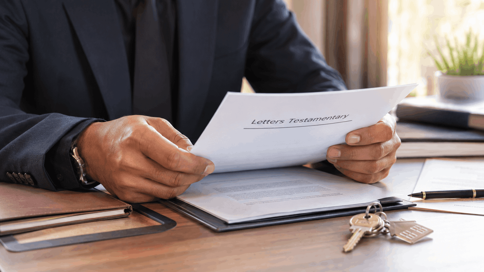 Executor reviewing Letters Testamentary with estate documents, house keys, and pen on a professional probate real estate desk