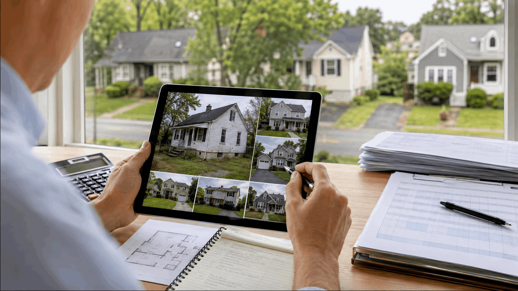 Real estate professional comparing an as-is probate home with nearby sold homes on a tablet for North Jersey pricing strategy