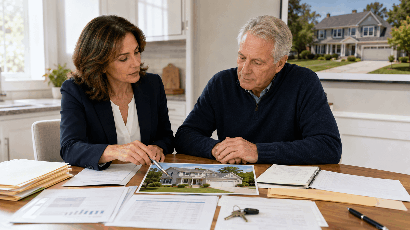 Real estate agent guiding an executor through probate sale planning with home valuation, disclosure notes, buyer strategy, and house keys