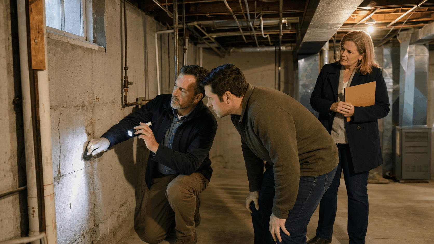 Buyer and inspector discovering a hidden repair issue in an older probate home basement while the executor looks concerned