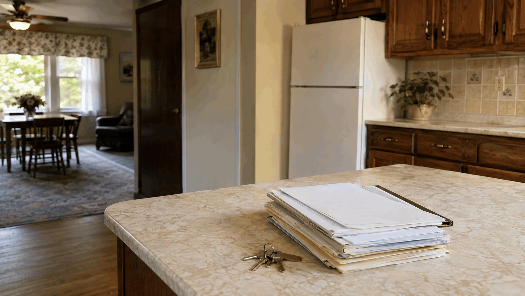 Estate paperwork and house keys on a kitchen counter inside an older inherited New Jersey home with dated cabinets