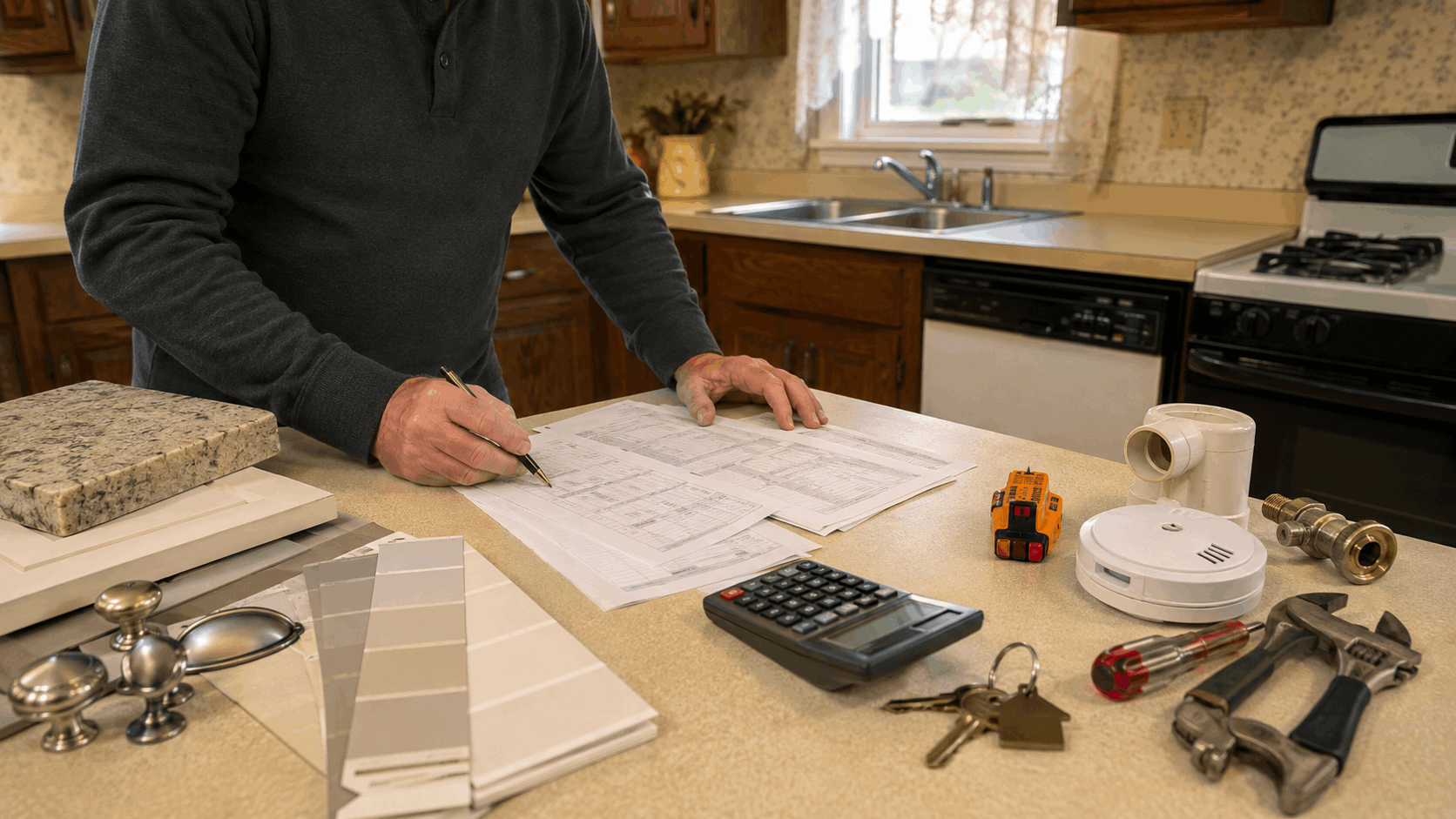 Executor reviewing probate home repair estimates in a dated kitchen with cosmetic upgrade samples and essential safety repair tools