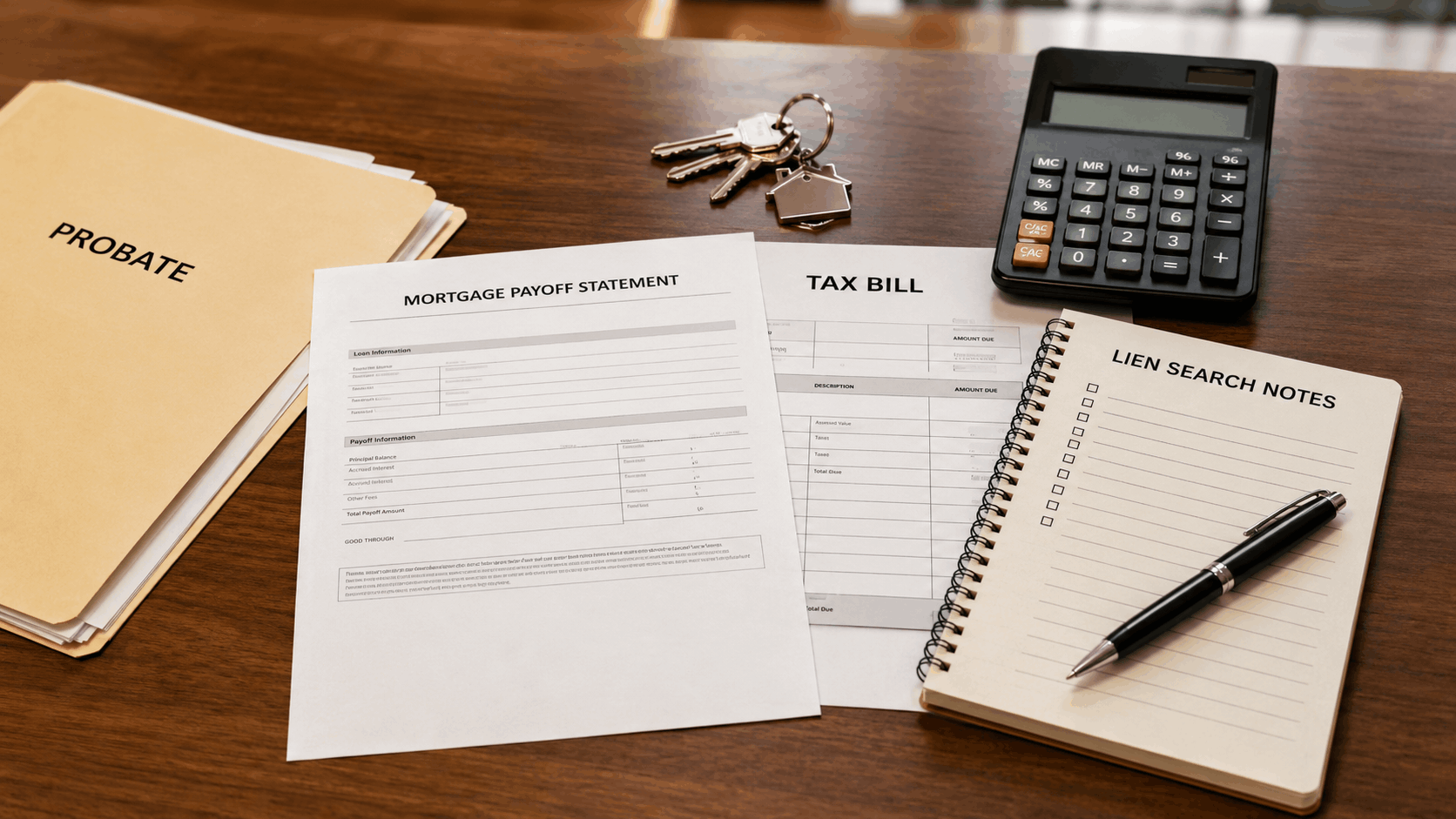 Probate real estate closing desk with mortgage payoff statement, tax bill, lien search notes, calculator, folder, and house keys
