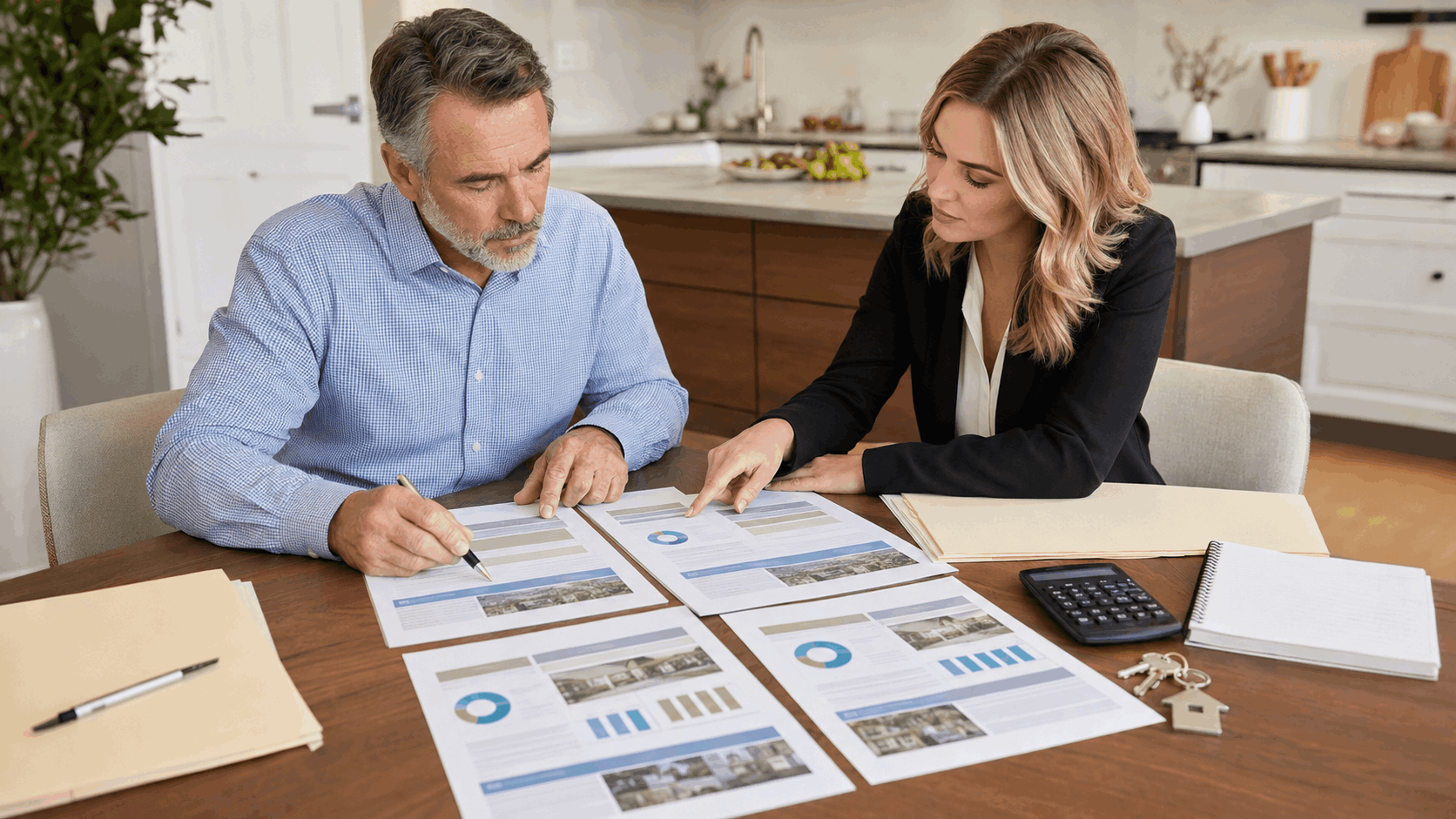 Executor and real estate agent reviewing multiple buyer offers for an as-is probate home with proof of funds and timeline notes
