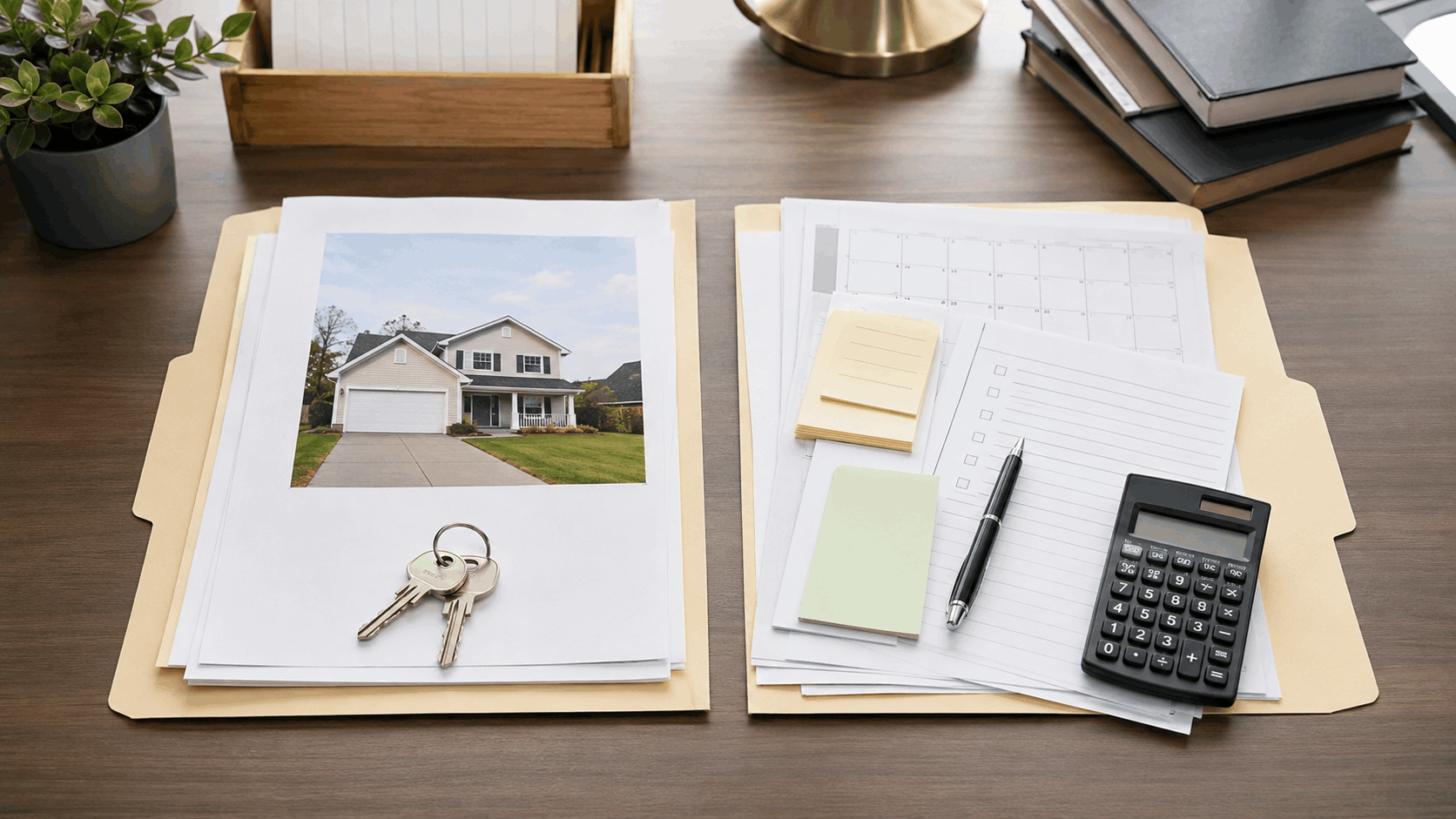 Standard home sale folder compared with probate home sale folder showing extra estate documents, court calendar, lien notes, and checklist