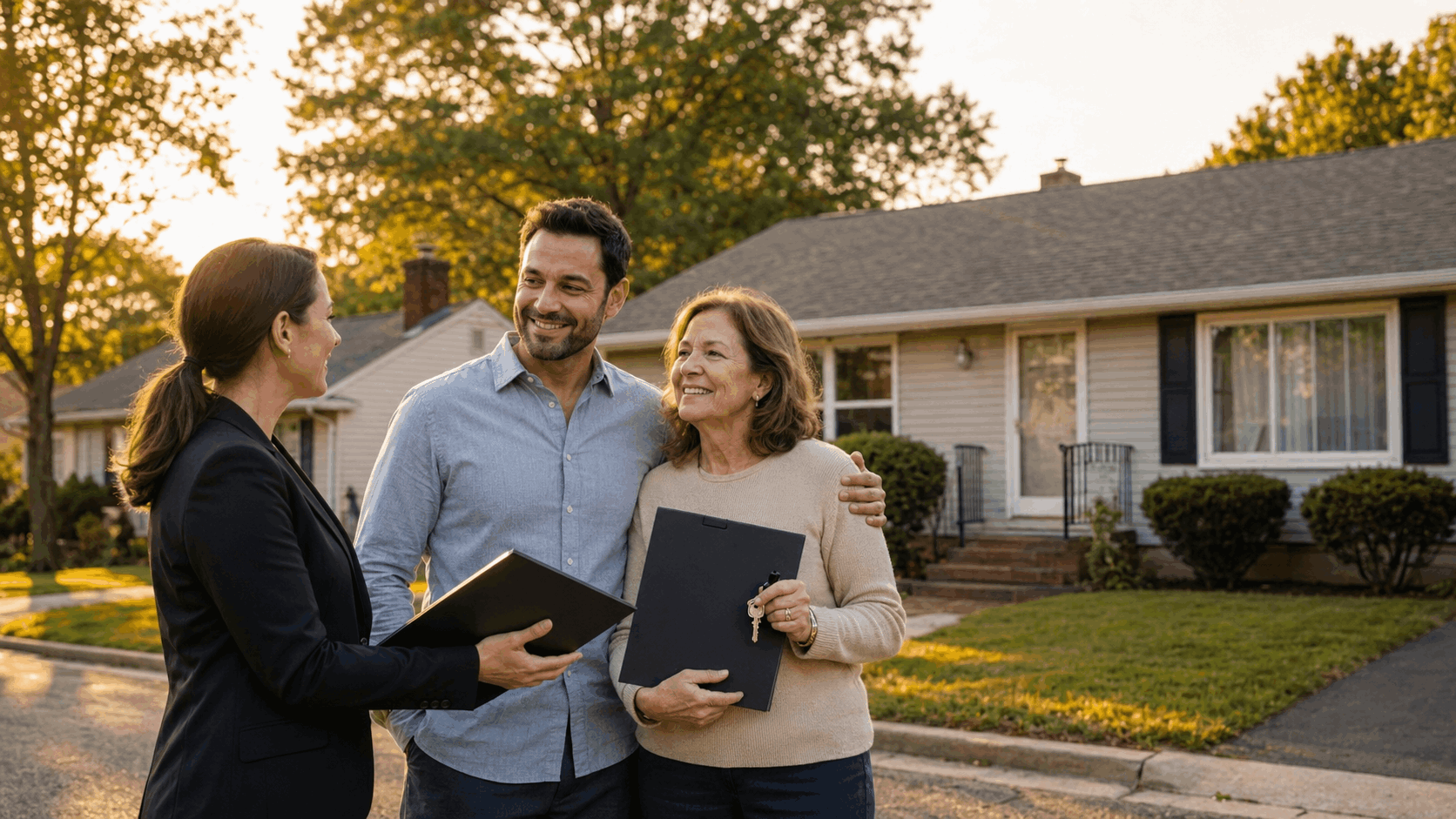 North Jersey family standing outside an inherited home with a real estate professional holding estate documents and house keys on closing day